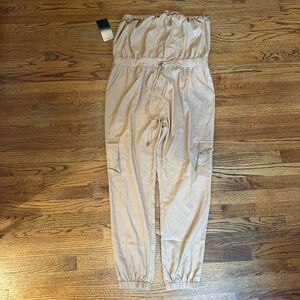 Bebe Tan Jumpsuit with Wide-Leg Design and Puff Sleeves